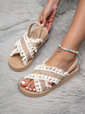 Women's Summer Wedge Sandals, Thick Sole Low Heel Open Toe Criss-Cross Strap Tassel Fringe Sandals, Brown, Beige, Suitable For Outdoor, Beach, Travel, Mix And Match, White