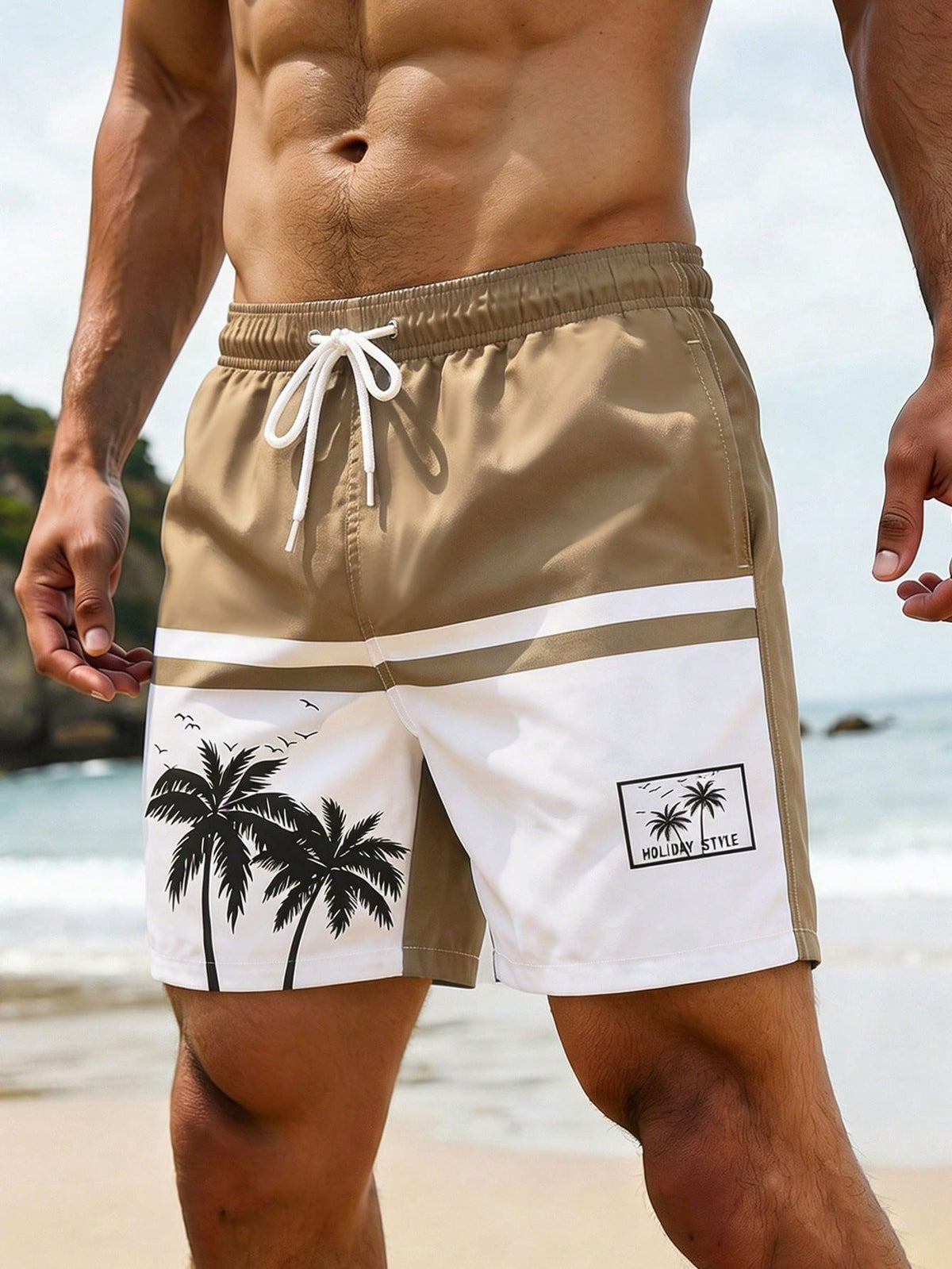 VIVINTIMO Men's Elastic Waist Drawstring Casual Starfish Print Beach Shorts, Summer Holiday / Vacation / Beach / Hawaii / Tropical / Swim /  Bathing