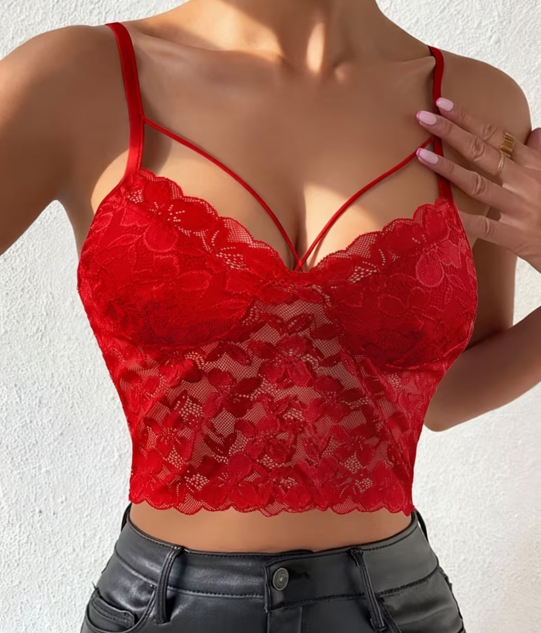 Women' Sexy Sheer Lace Spaghetti Strap Crop Tube Top - Semi-Sheer Stretchable High Elasticity Blouseable Suitable for Evening Dates, Parties, Night Out - Solid Color Lace Trimmed Tank (No Padding, Machine Washable)