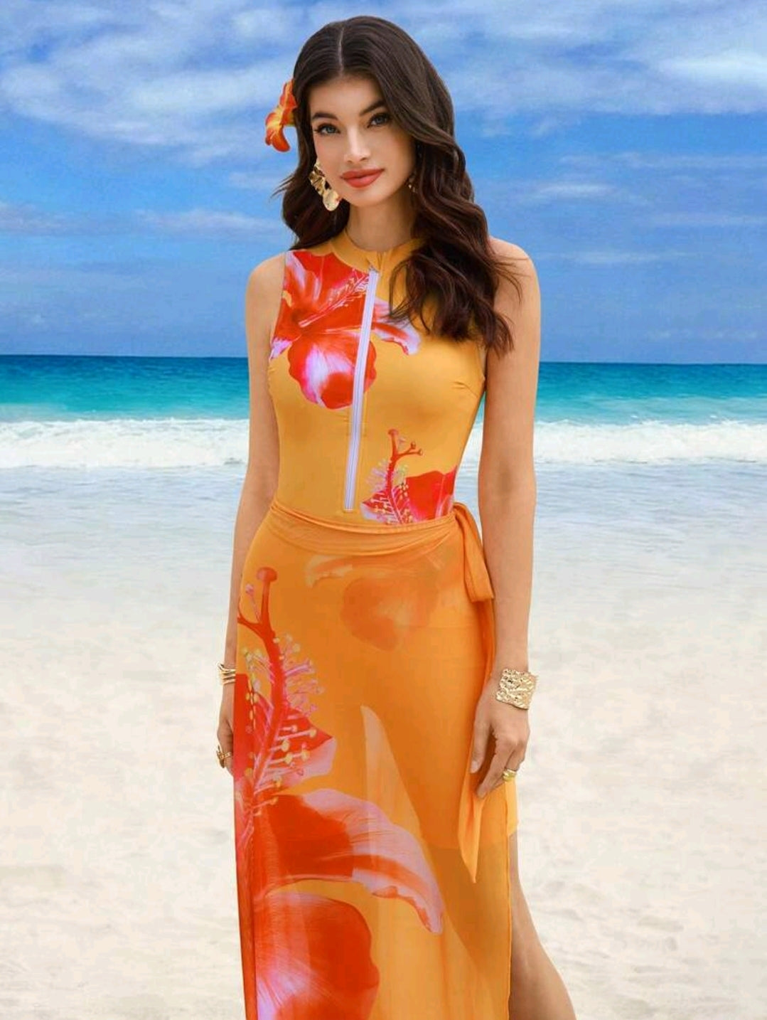 Swim Shayni Women's Yellow Floral Print Sleeveless Zipper Tankini Top,Shorts Swimwear&Sarong Skirt Modest Summer Set,Beach Vacation Holiday Holiday Cruise Outfit