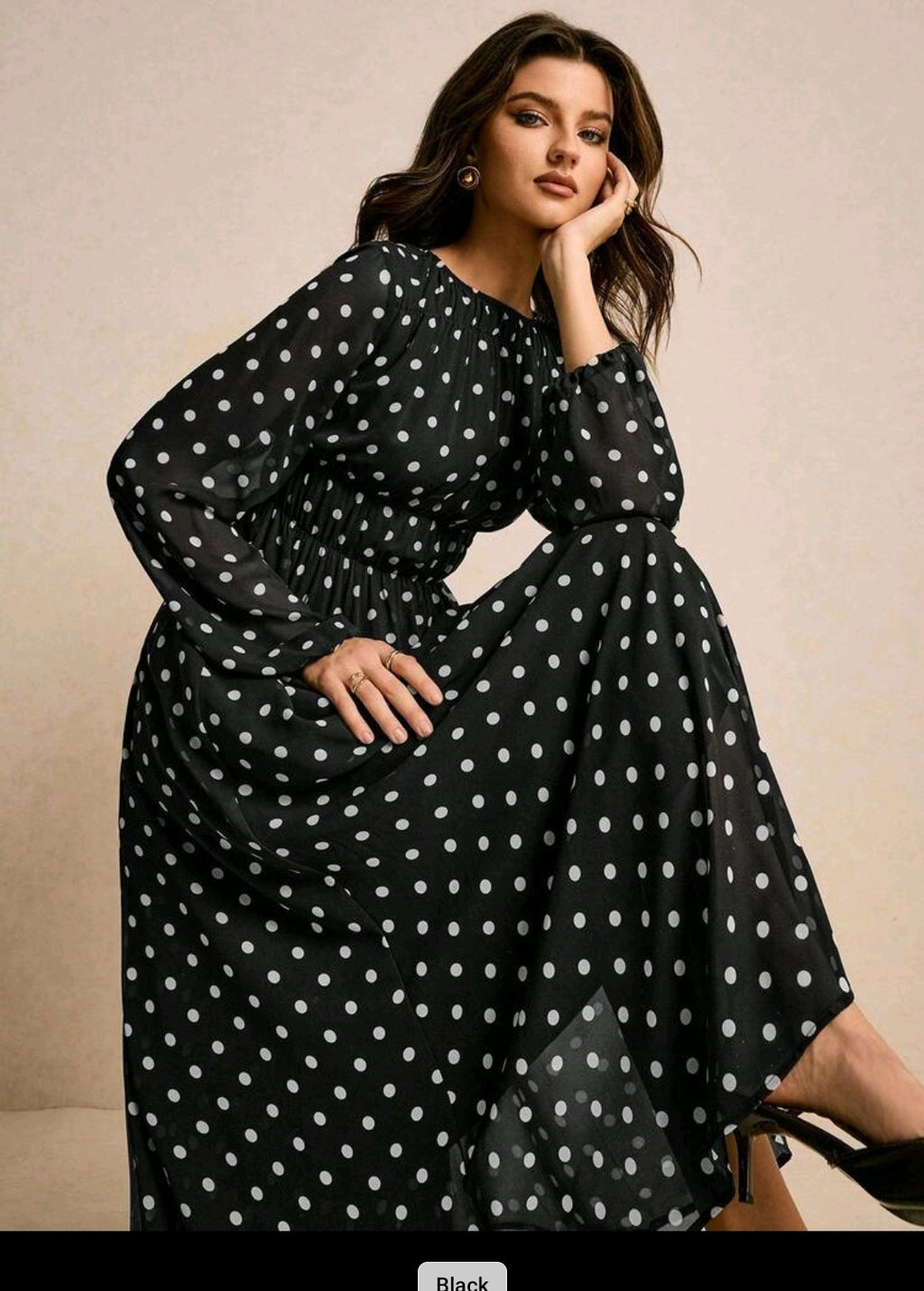 Poéselle Women's Polka Dot Print Round Neck Lantern Sleeve Ruched Long Dress, Brown Dress,Legant Dresses For Women,New Year Dress Women ,Casual Outfit For Women,Old Money Style, Suitable For Daily Wear, Going Out, Commuting,Fall/Winter