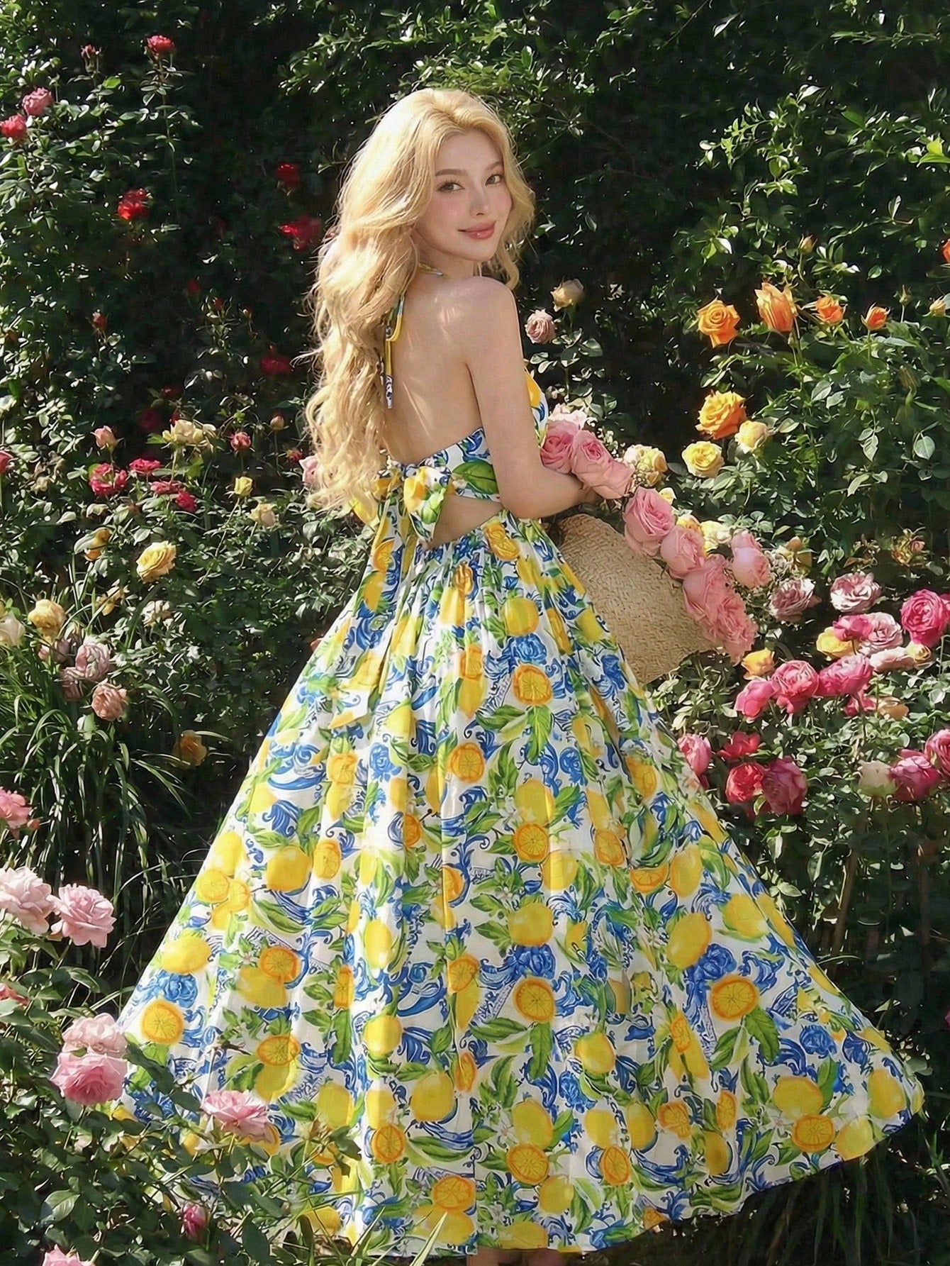 SHEIN MOD Women's Backless Bow-Tie Strap Lemon Floral Dress,Women's Vibrant Lemon Halterneck Midi Dress For Summer Picnics And Garden Parties,Resort Wear,Vacation Dress Tropical,Garden Party Dress,Halter Dress,Lemon Dress Women,Vacation Outfits Woman, Boh