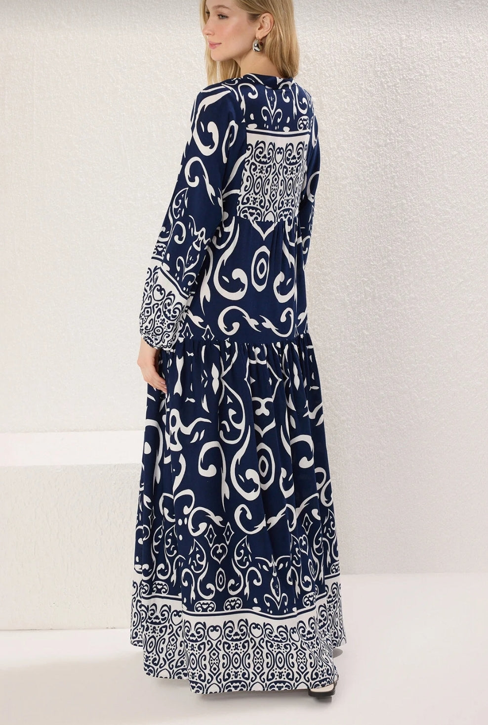 Modest Indigo Patterned Viscose Woven Dress Tctss24Eb00221