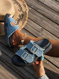 Women's Fashion Versatile Blue Tassel Casual Vacation Style Buckle Platform Thick Bottom Slide Sandals, Minimalist Outdoor Thick Sole Slippers
