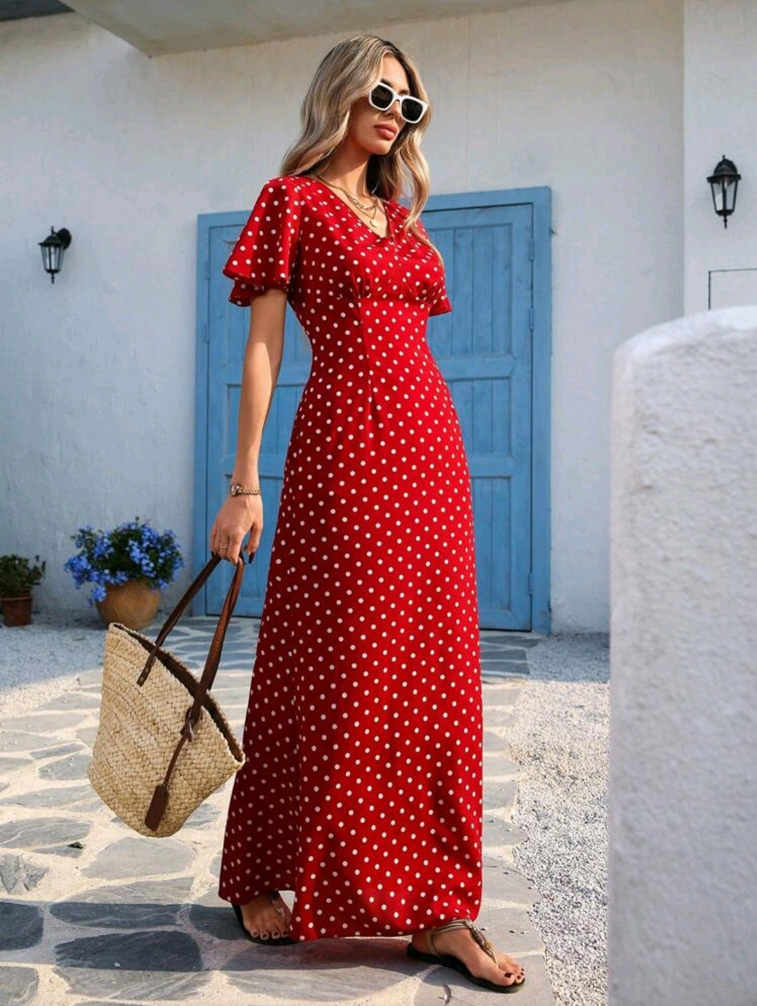 Vivid Eden Wave Pattern V-Neck Short Sleeve Fitted Women's Dress Spring And Summer Outfits, Summer Clothes, Valentine Day, Vacation Outfits Woman, Beach Outfits For Woman, Festival, Romantic And Elegant Clothing, Bohemian, BOHO, Sweet, Rave Outfits Festiv