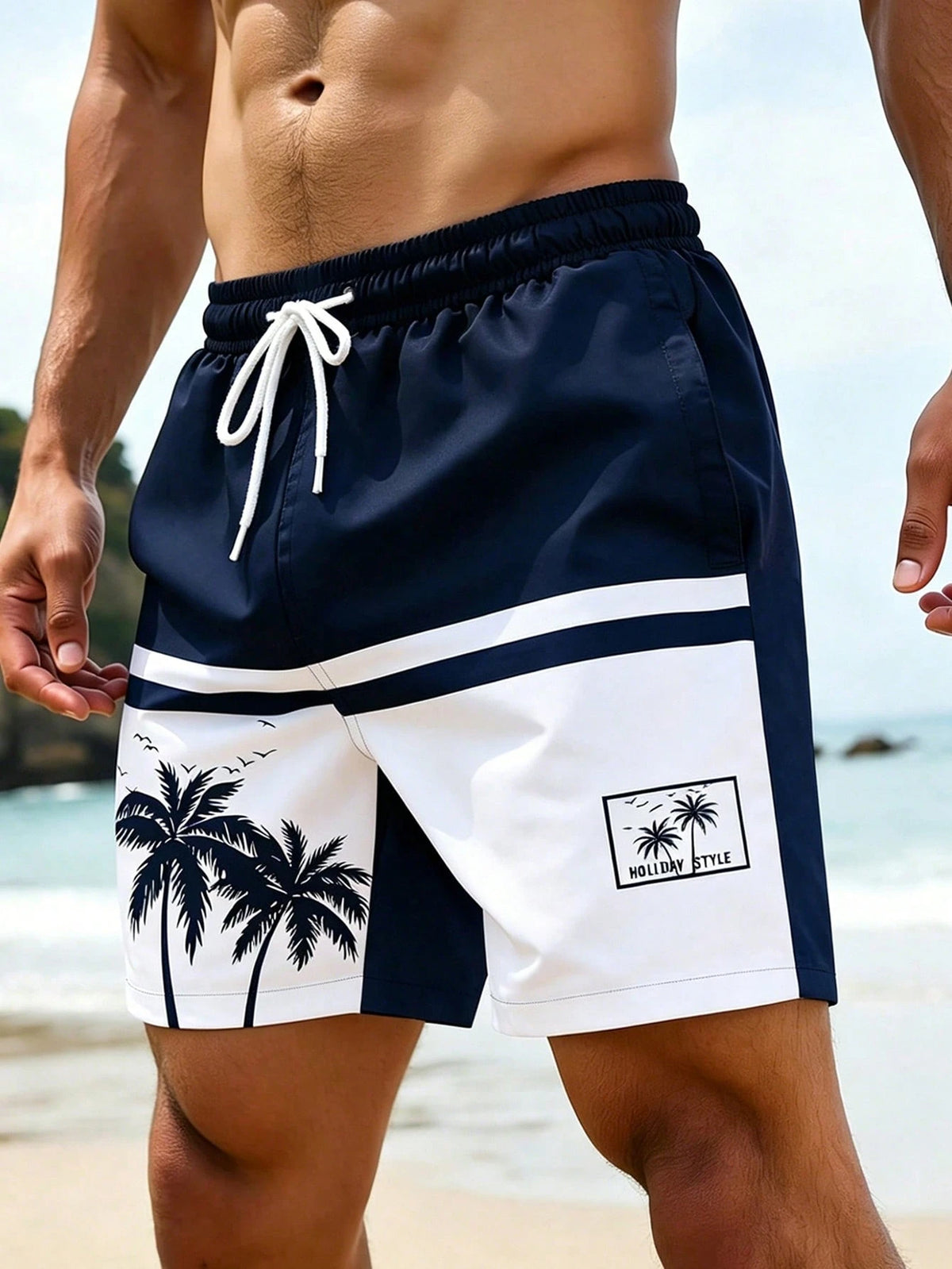 VIVINTIMO Men's Elastic Waist Drawstring Casual Starfish Print Beach Shorts, Summer Holiday / Vacation / Beach / Hawaii / Tropical / Swim /  Bathing