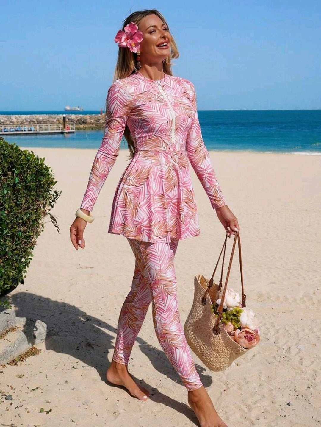 Swim Shayni 2026SS Pink Elegant & Comfortable Vacation Casual Beach Burkini For Women 2026SS New Women's Swimwear Arrival For Holiday, Date, Western, Cruise, Beach, Island, Road Trip, All Seasons, Music Festival, Boho Vacation,Bohemian Vacation, Chill Aut