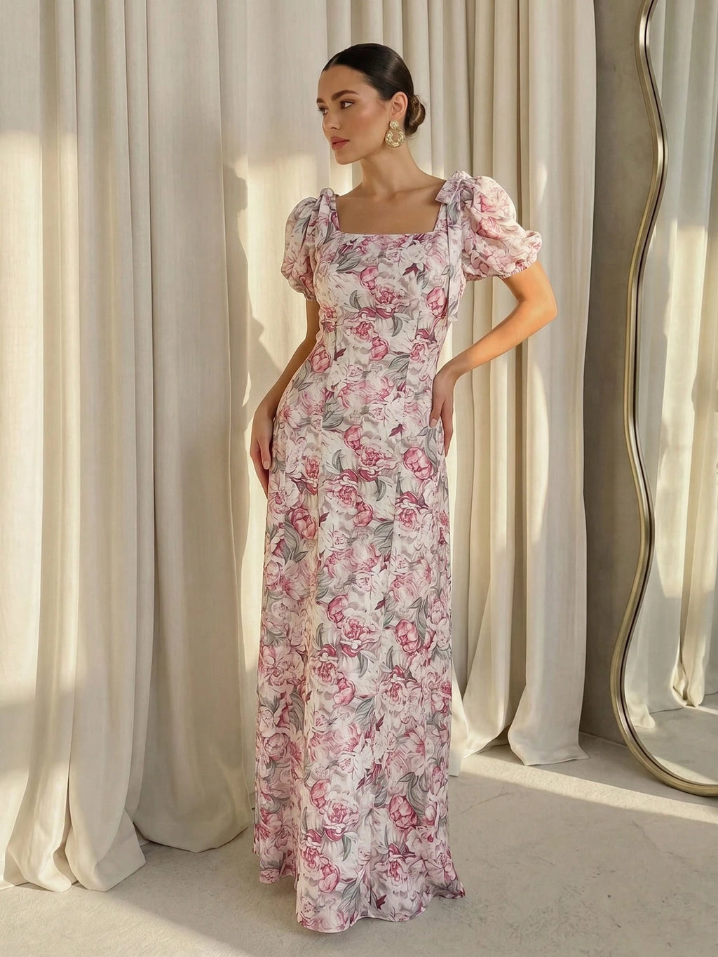Modelyn Women's Long Floral Print Petal Sleeve Waist Gathered Elegant Vacation Dress, Spring/Summer