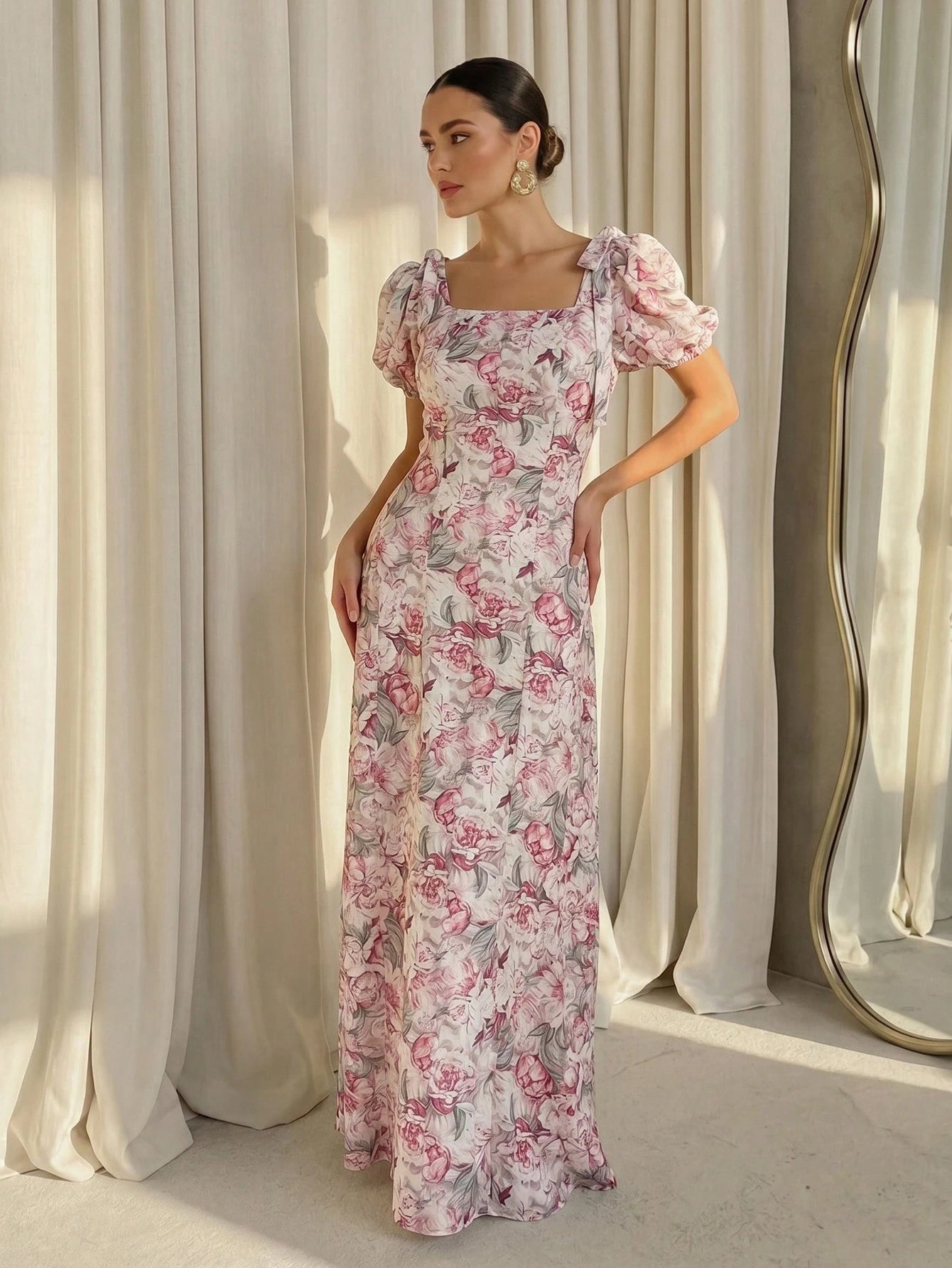Modelyn Women's Long Floral Print Petal Sleeve Waist Gathered Elegant Vacation Dress, Spring/Summer