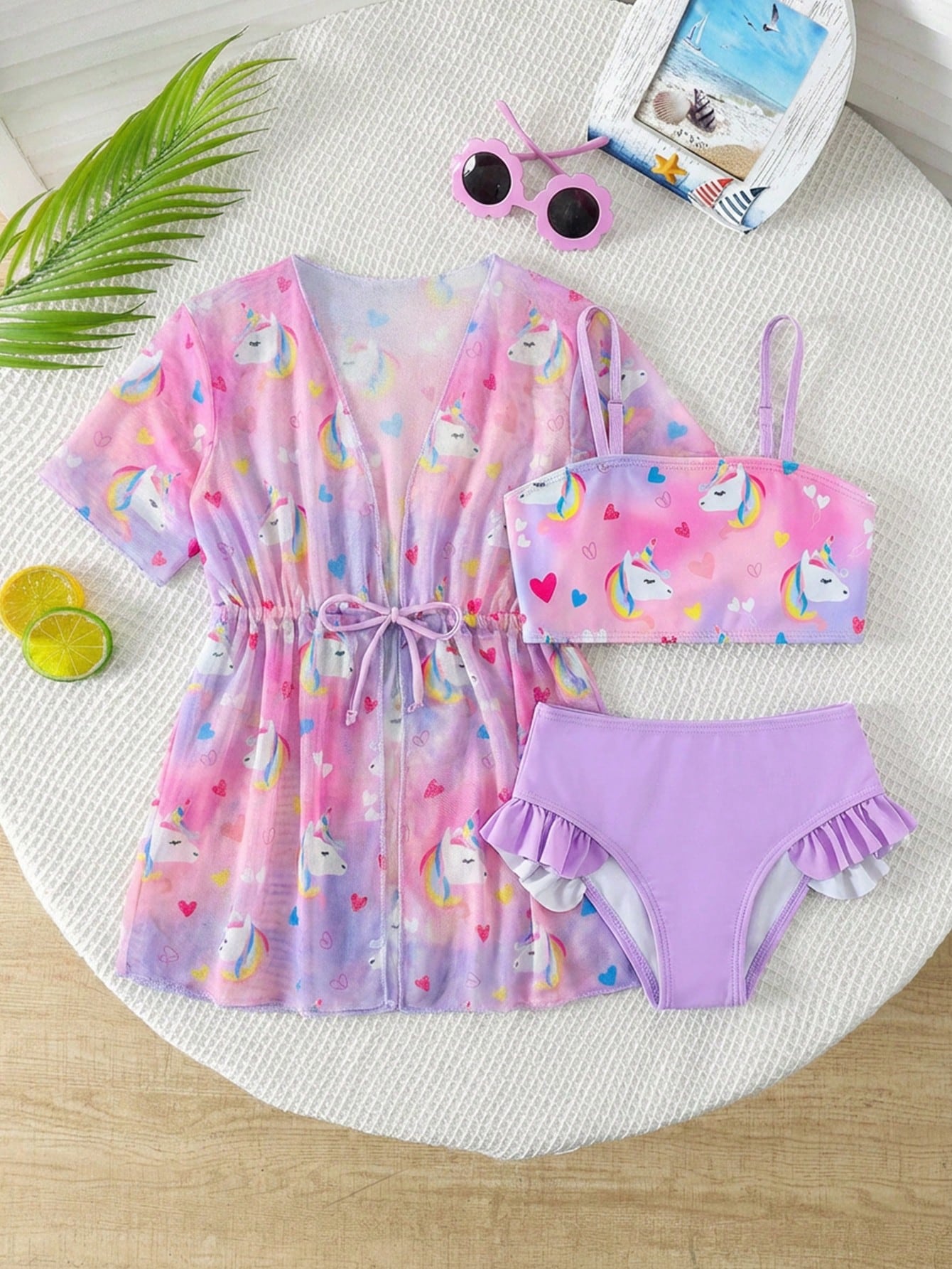 SHEIN GraphicGems 3pcs/Set Young Girls Swimwear Set, Cute Cartoon Print, Fashionable Casual Elegant Active Adorable, Suitable For Swimming, Vacation, Summer Summer Vacation Thermal Christmas Holiday Festival New Years Valentines Swim Girls Summer Swimwear