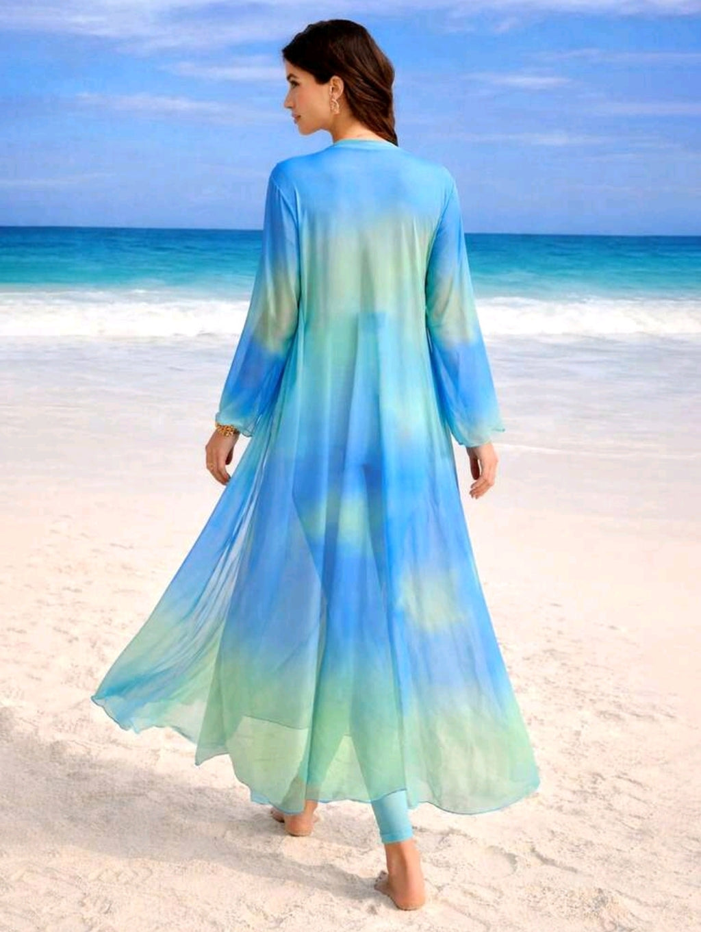 Swim Shayni 4pcs Women's Bikini Set, Bohemian Style Fashion Tie Dye Tie-Dye Print Ocean Tone Vacation Outfit Includes Maxi Dress + Jumpsuit + Pants + Fringed Skirt, Spring/Summer