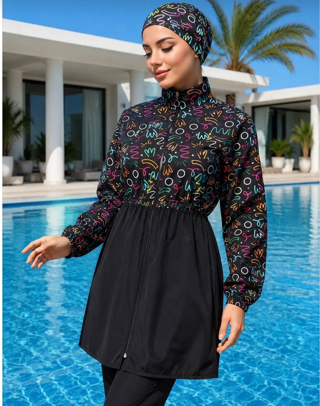 trendlina Mihrimah Beli 3-Piece Fully Covered Hijab Swimsuit Burkini Made
of Water-Repellent Fabric with Adjustable Elastic