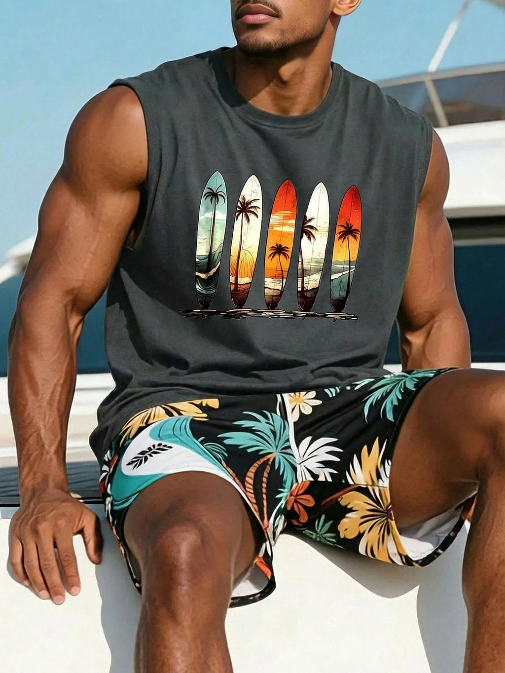 1pc Men's Summer Printed Round Neck Casual Tank Top