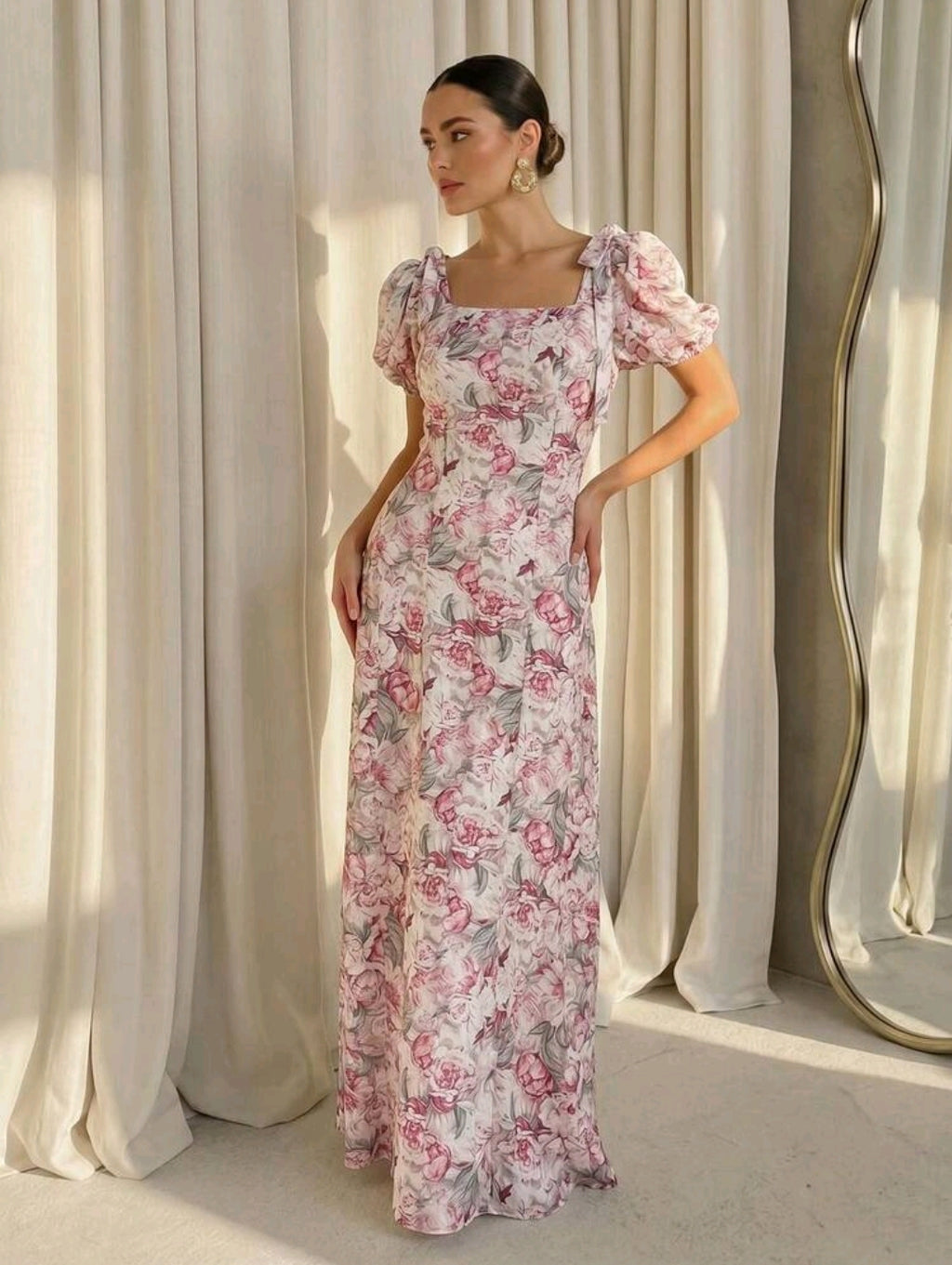 Modelyn Women's Long Floral Print Petal Sleeve Waist Gathered Elegant Vacation Dress, Spring/Summer