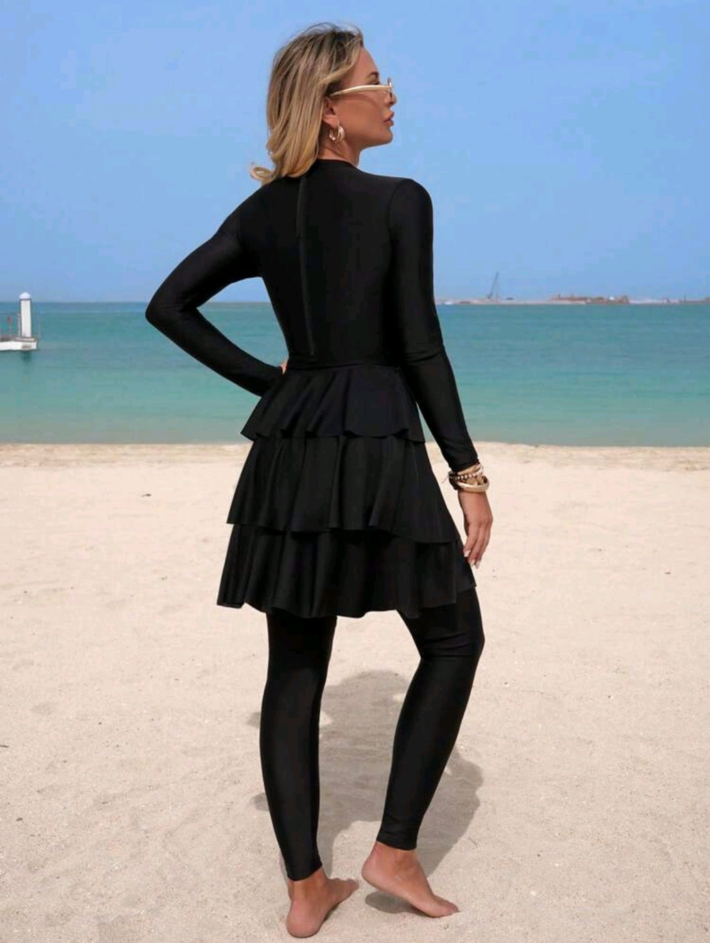 Swim Mulvari 2pcs Set Solid Color High Neck Long Sleeve Top And Modest Pants With Abdominal Decor, Elegant Swimwear