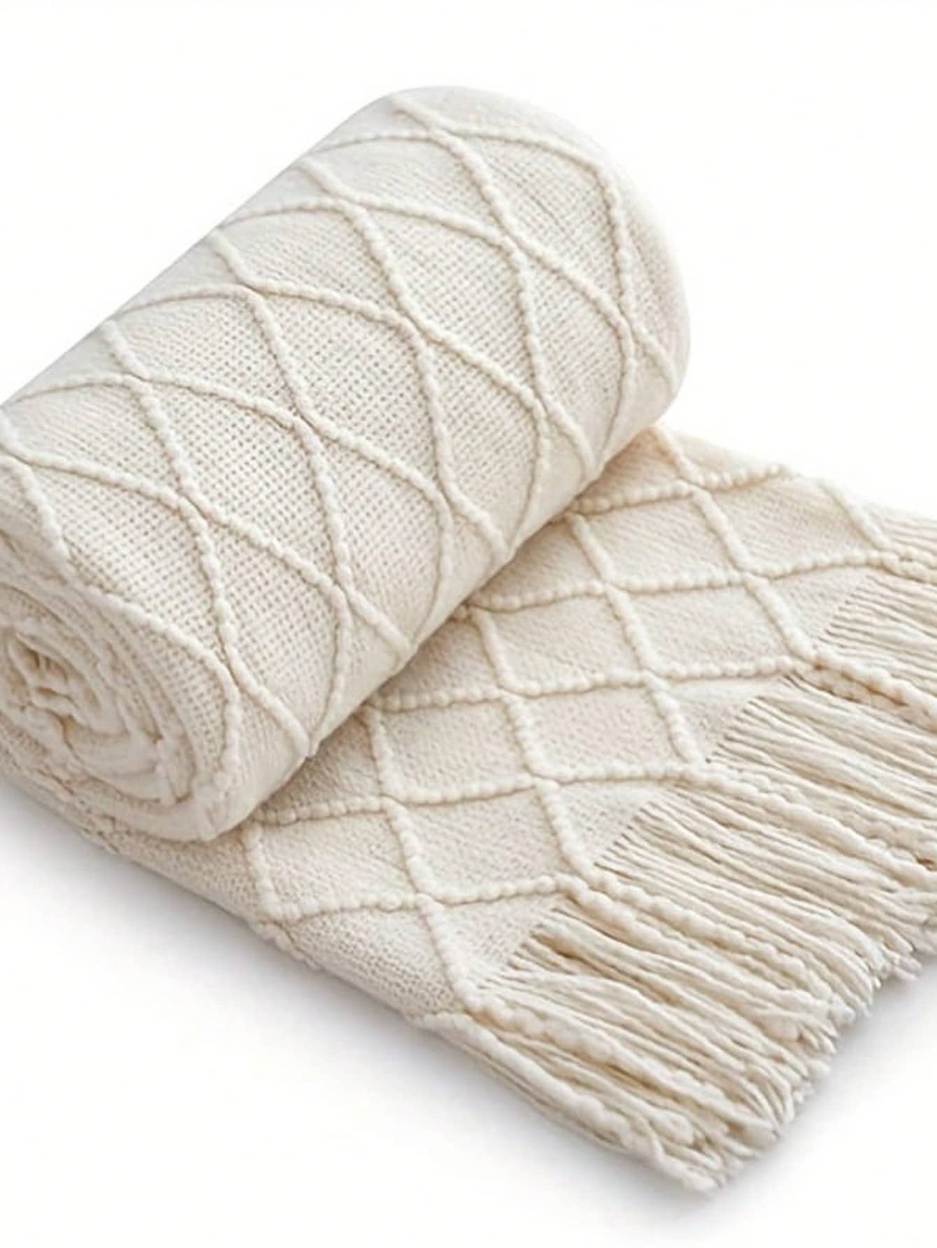 1pc Solid Color Diamond Plaid Knitted Blanket, Nordic Style Acrylic Rectangular Minimalist Sofa Cover Throw Blanket, Bedroom Leisure Knit Blanket