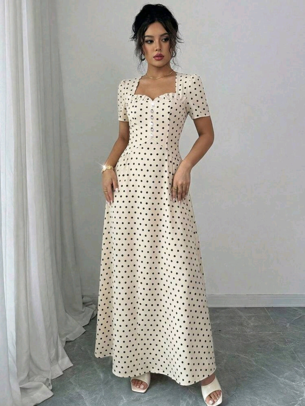 Elenzga Women's Elegant Romantic Polka Dot French Square Collar Puff Sleeve Cinched Waist Flowing Dress