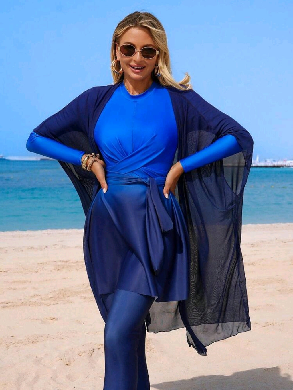 Swim Mulvari 3pcs/Set Women's Gradient Print Covered Waist Tie Swimsuit With Long Sleeve Dress And Pants, Suitable For Pool Party, Beach Vacation, Daily Wear, Fashionable Young Women Swimwear