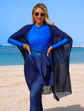 Swim Mulvari 3pcs/Set Women's Gradient Print Covered Waist Tie Swimsuit With Long Sleeve Dress And Pants, Suitable For Pool Party, Beach Vacation, Daily Wear, Fashionable Young Women Swimwear