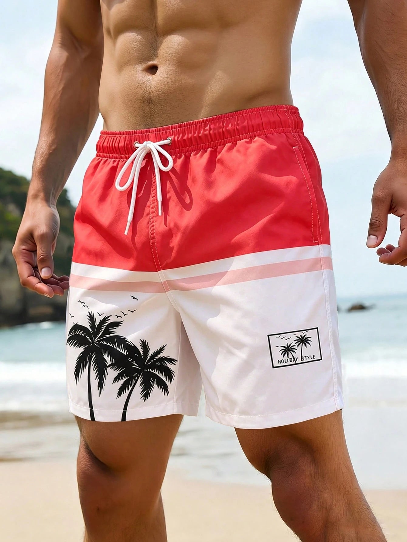 VIVINTIMO Men's Elastic Waist Drawstring Casual Starfish Print Beach Shorts, Summer Holiday / Vacation / Beach / Hawaii / Tropical / Swim /  Bathing