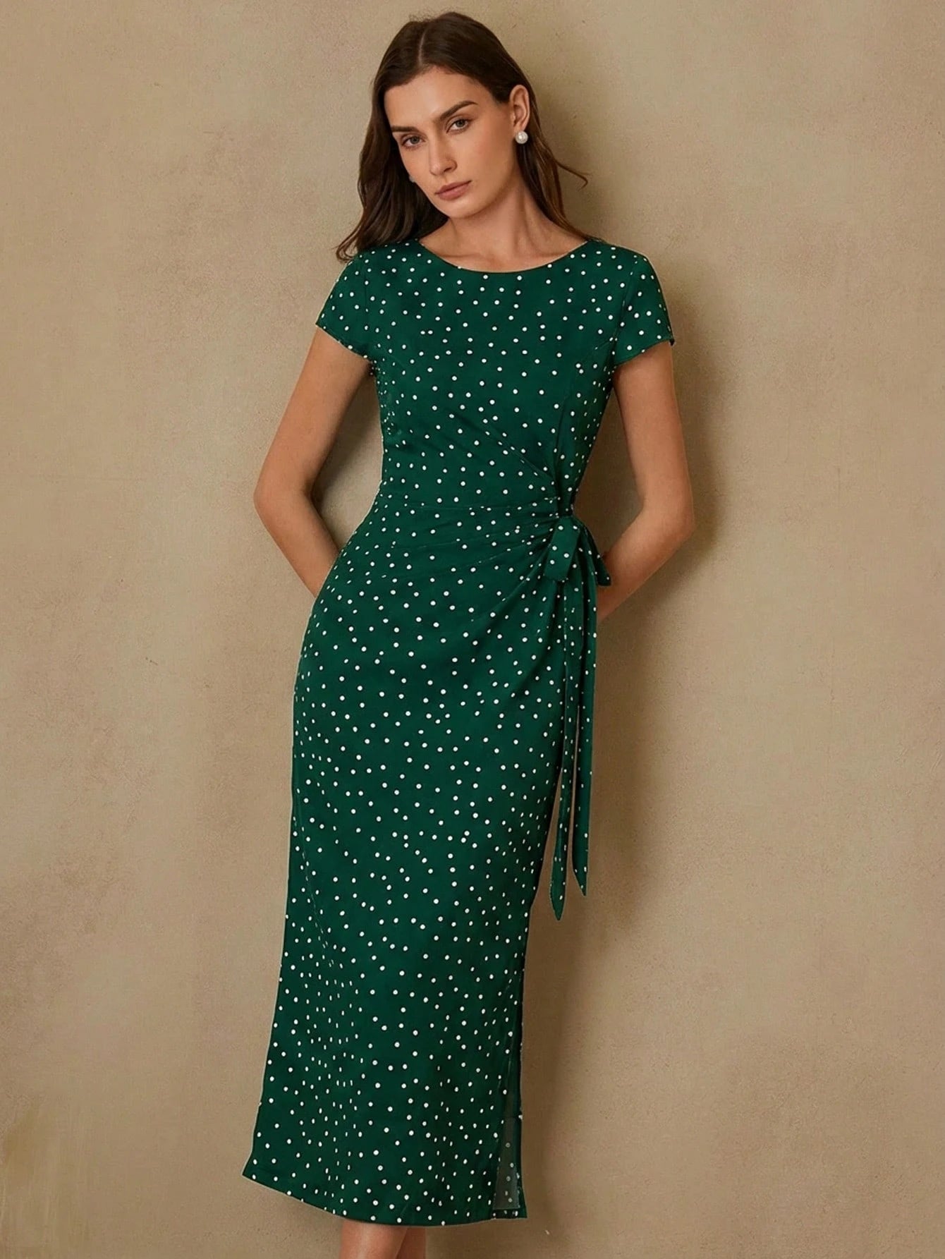 Aveloria Revavyn Women's Long Polka Dot Dress Texture Fabric Slim Fit Waist Side Ruched Tie Design Retro Elegant Flying Sleeves Round Neck Slit Hem Polka Dot Dress Elegant Dresses For Women White Dress For Women Summer Dresses For Women