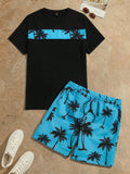 Manfinity VCAY Men's Tropical Print Colorblock Knitted T-Shirt And Drawstring Waist Shorts Set, Cozy Outfits