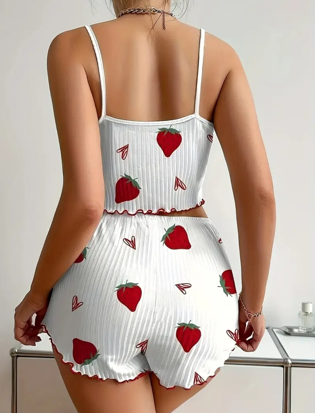 Women'S Strawberry Print Sexy Lace Ruffle Pajama Set Crew Neck Spaghetti Strap Crop Top And Bow Accent Shorts Comfortable Loose Fit Summer Sleepwear