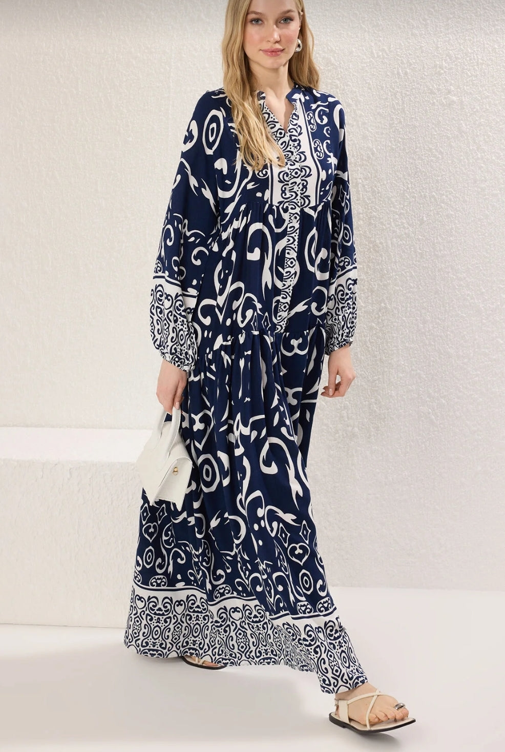 Modest Indigo Patterned Viscose Woven Dress Tctss24Eb00221