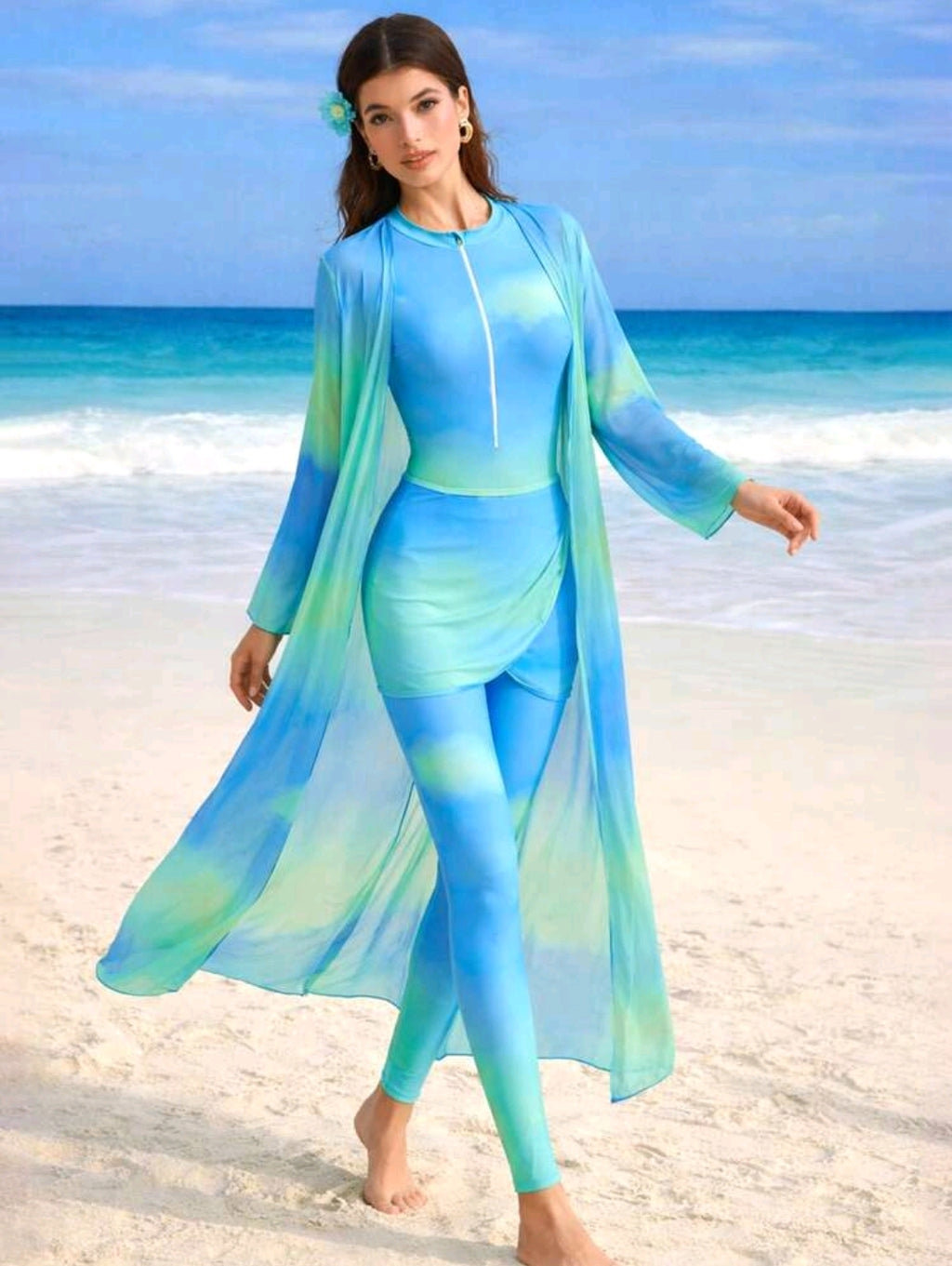 Swim Shayni 4pcs Women's Bikini Set, Bohemian Style Fashion Tie Dye Tie-Dye Print Ocean Tone Vacation Outfit Includes Maxi Dress + Jumpsuit + Pants + Fringed Skirt, Spring/Summer