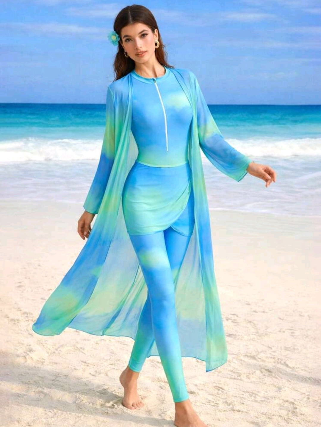 Swim Shayni 4pcs Women's Bikini Set, Bohemian Style Fashion Tie Dye Tie-Dye Print Ocean Tone Vacation Outfit Includes Maxi Dress + Jumpsuit + Pants + Fringed Skirt, Spring/Summer