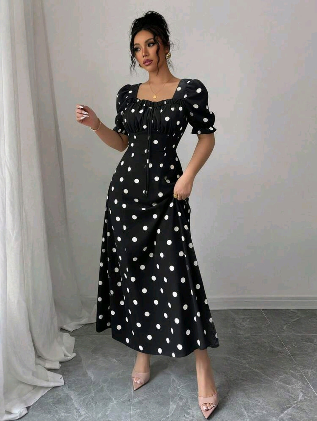 Rafferiza Stylish Women's Black Polka Dot A Line Long Dress With Sweetheart Neckline And Short Puff Sleeves