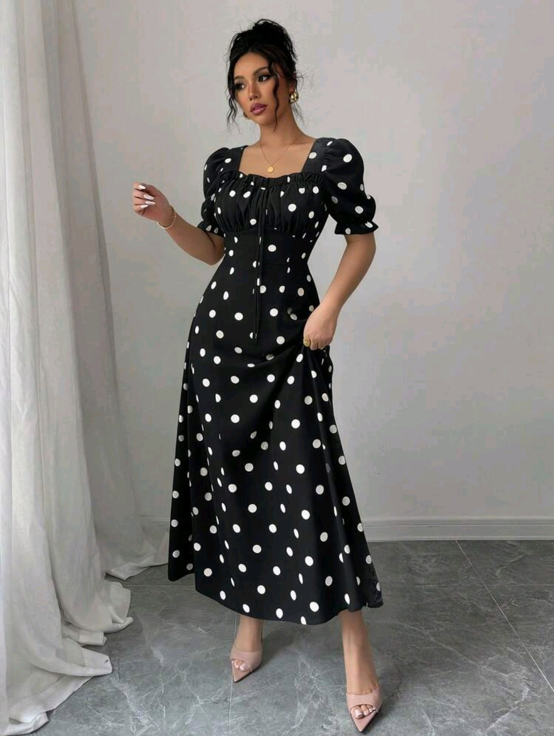 Rafferiza Stylish Women's Black Polka Dot A Line Long Dress With Sweetheart Neckline And Short Puff Sleeves