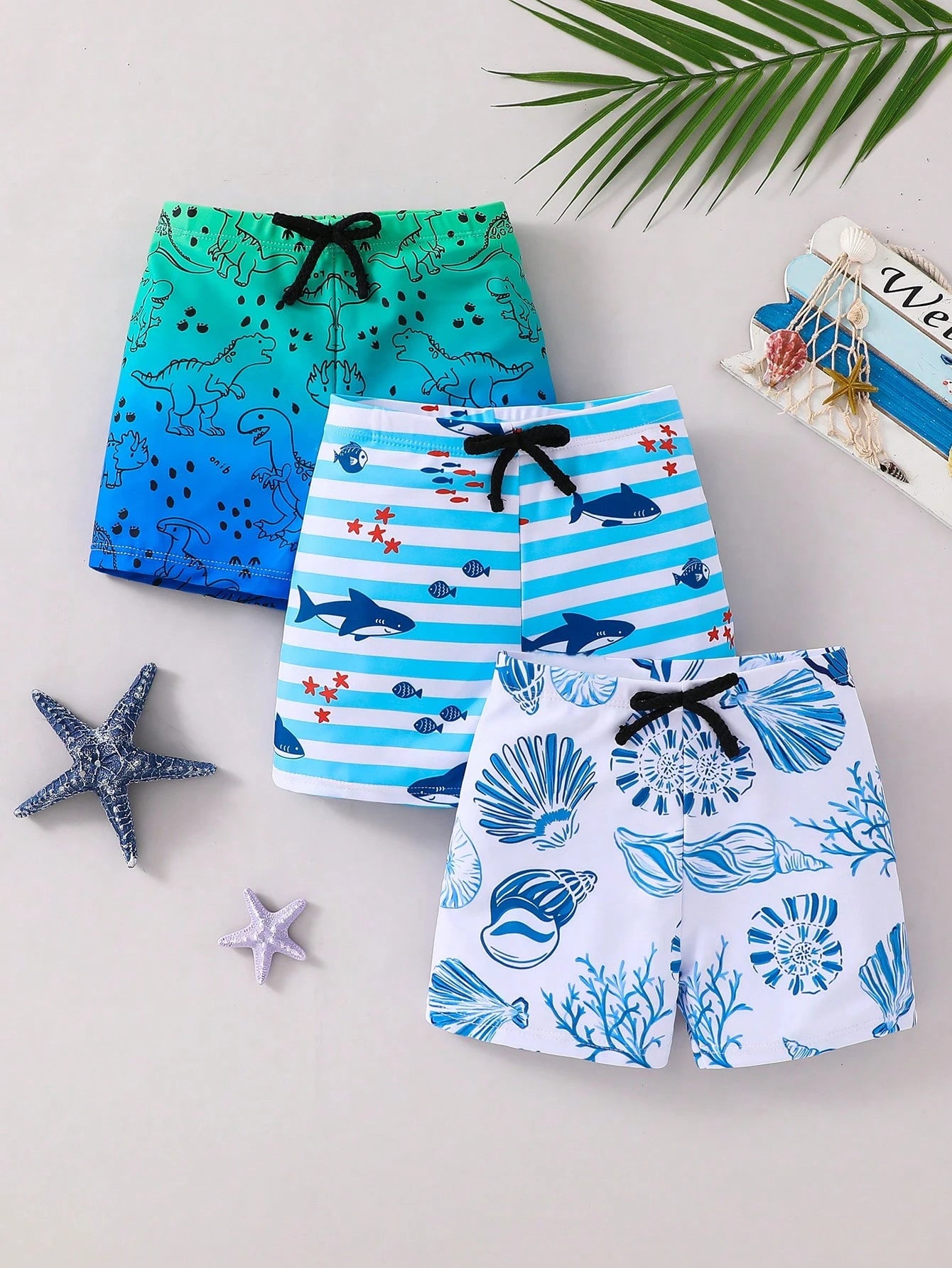 3pcs Young Boy Leisure Vacation Net Color Dopamine Dinosaur Shark Print Color Loose Woven Beach Swimsuit Multi Piece Set, Three Color Three Pieces Set Shorts Swimsuit Beach Swimming Beach Surfing Vacation Spring And Summer