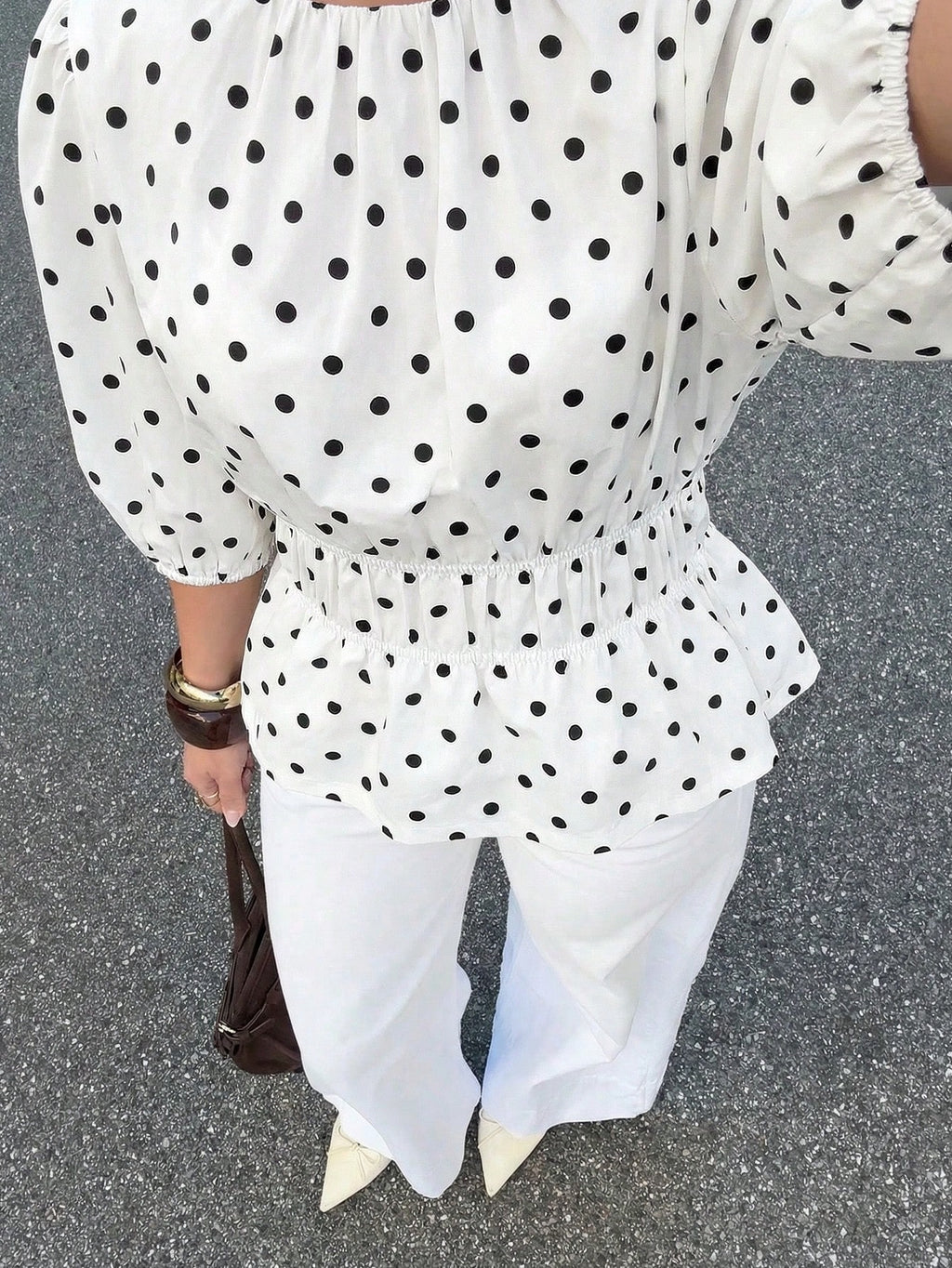 Siren Gaze Women's Round Neck Casual New Polka Dot Petal Sleeve Blouse