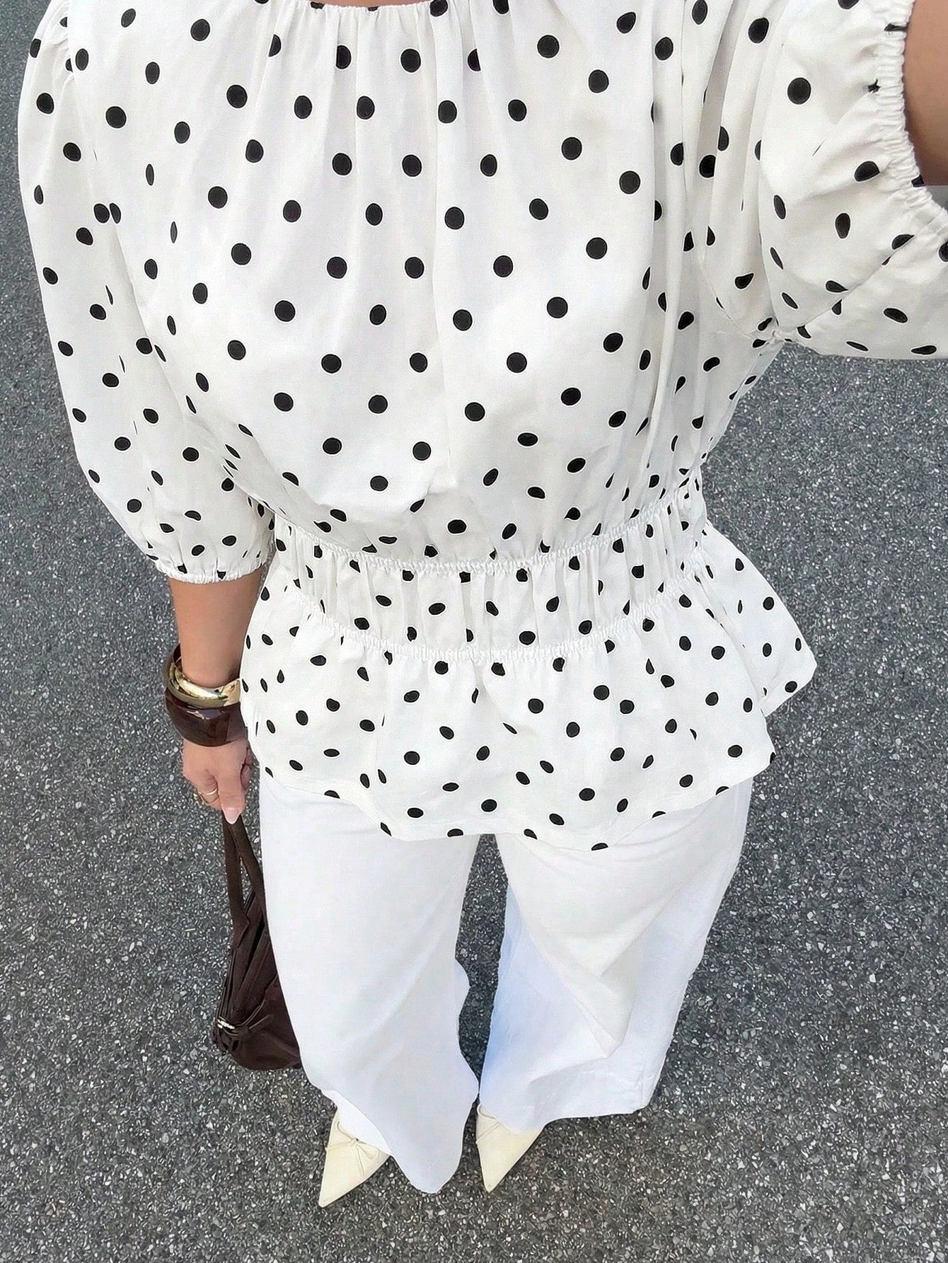 Siren Gaze Women's Round Neck Casual New Polka Dot Petal Sleeve Blouse