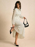 Poéselle Women's Polka Dot Print Round Neck Lantern Sleeve Ruched Long Dress, Brown Dress,Legant Dresses For Women,New Year Dress Women ,Casual Outfit For Women,Old Money Style, Suitable For Daily Wear, Going Out, Commuting,Fall/Winter