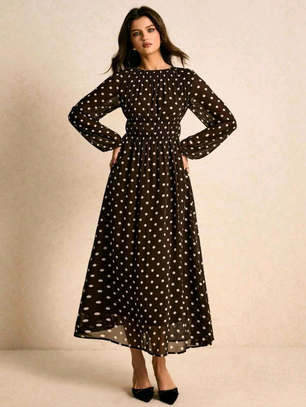 Poéselle Women's Polka Dot Print Round Neck Lantern Sleeve Ruched Long Dress, Brown Dress,Legant Dresses For Women,New Year Dress Women ,Casual Outfit For Women,Old Money Style, Suitable For Daily Wear, Going Out, Commuting,Fall/Winter