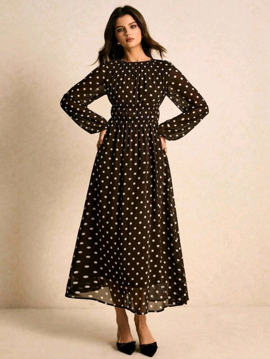 Poéselle Women's Polka Dot Print Round Neck Lantern Sleeve Ruched Long Dress, Brown Dress,Legant Dresses For Women,New Year Dress Women ,Casual Outfit For Women,Old Money Style, Suitable For Daily Wear, Going Out, Commuting,Fall/Winter