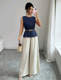 Elenzga 2pcs/Set Spring/Summer New Dual-Color Bamboo Fiber Sleeveless Top + Wide Leg Pants, Orange Top & Apricot Pants, Elegant Casual Commuter Outfit For Women