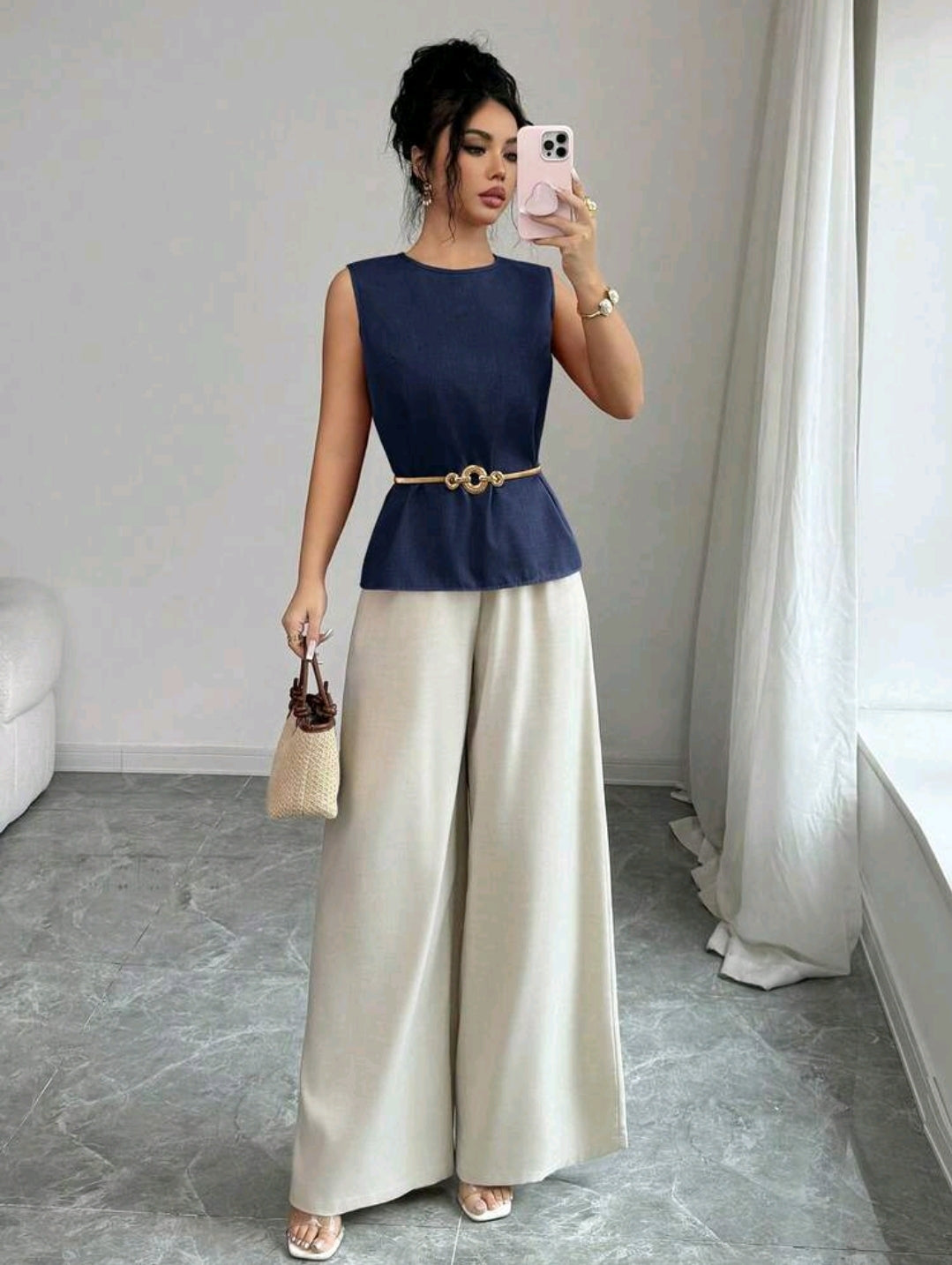 Elenzga 2pcs/Set Spring/Summer New Dual-Color Bamboo Fiber Sleeveless Top + Wide Leg Pants, Orange Top & Apricot Pants, Elegant Casual Commuter Outfit For Women