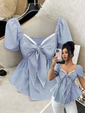Elenzga French Blue And White Stripe,Summer Elegant Holiday Vacation Holiday Women's Square Neck Bow Tie Waist Puff Sleeve Casual Minimalist Design Blouse