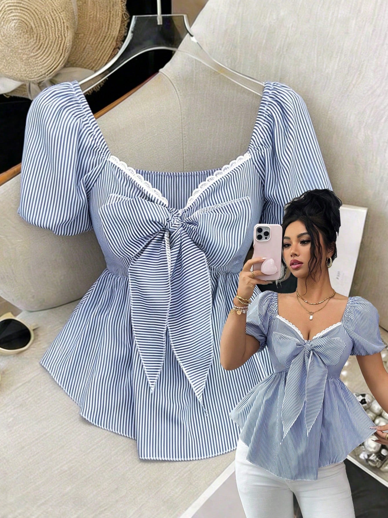 Elenzga French Blue And White Stripe,Summer Elegant Holiday Vacation Holiday Women's Square Neck Bow Tie Waist Puff Sleeve Casual Minimalist Design Blouse