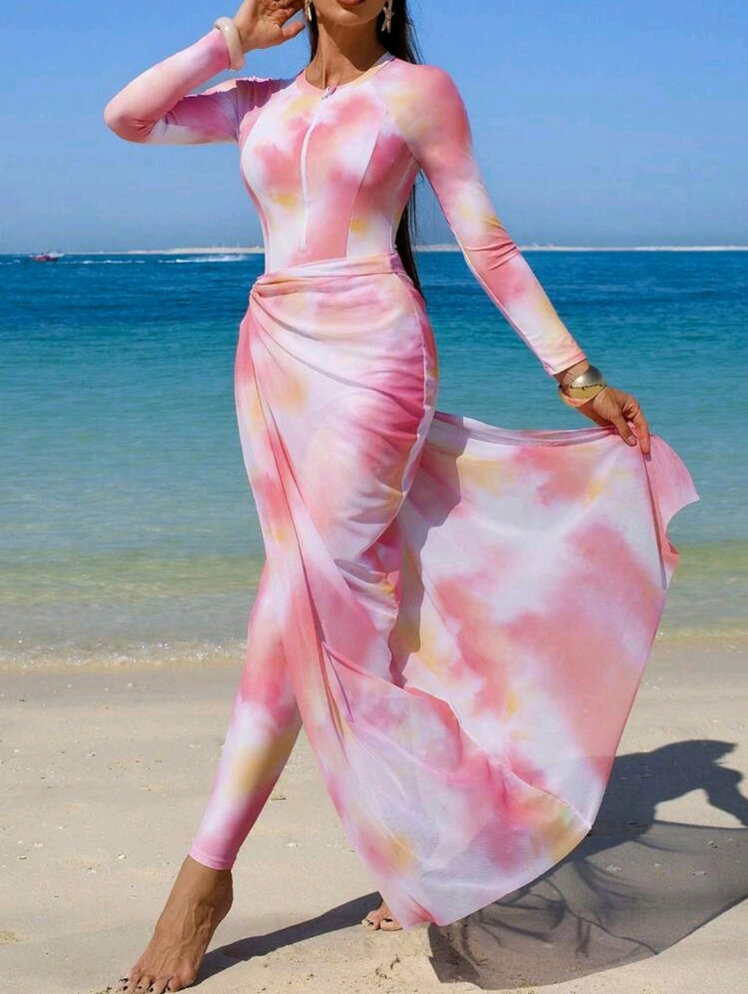 Swim Shayni Spring/Summer Hot Selling Ombre Print Zipper Front Swimwear + Solid Color Elastic Waist Pants + Ombre Print Waist Slit Skirt 3-Piece Burkini Set