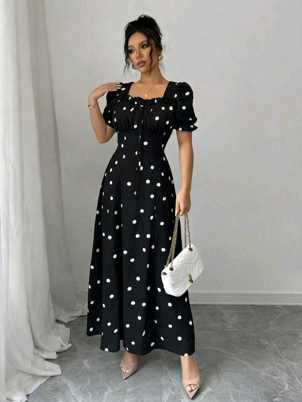 Rafferiza Stylish Women's Black Polka Dot A Line Long Dress With Sweetheart Neckline And Short Puff Sleeves