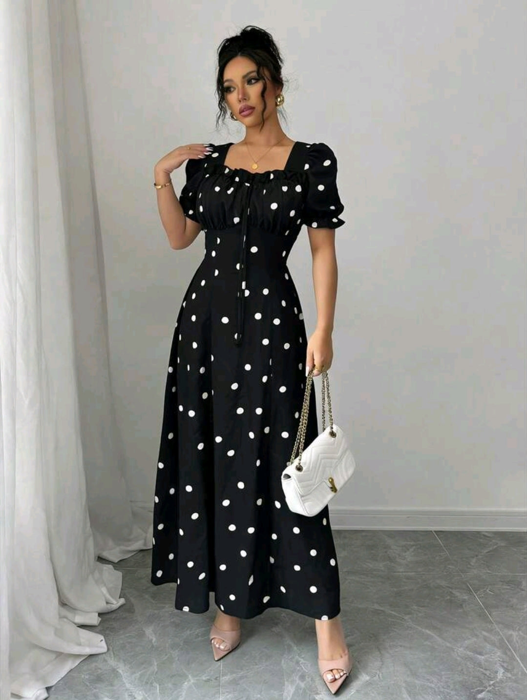 Rafferiza Stylish Women's Black Polka Dot A Line Long Dress With Sweetheart Neckline And Short Puff Sleeves