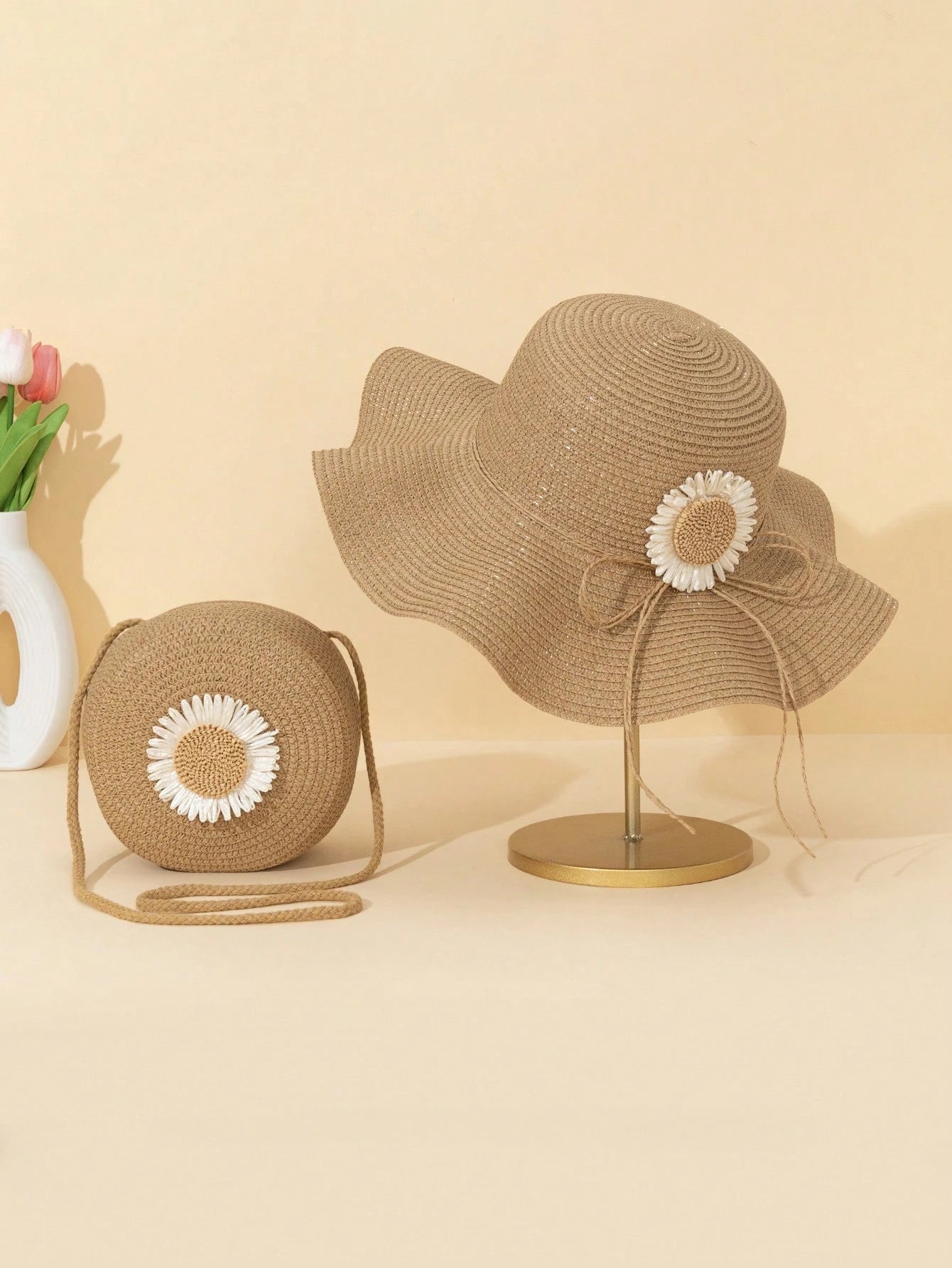 2pcs/1pc Women Khaki Wavy Sunflower Beach Sun Hat & Straw Crossbody Bag & Coin Purse Set, Suitable For Daily, Vacation, Travel
