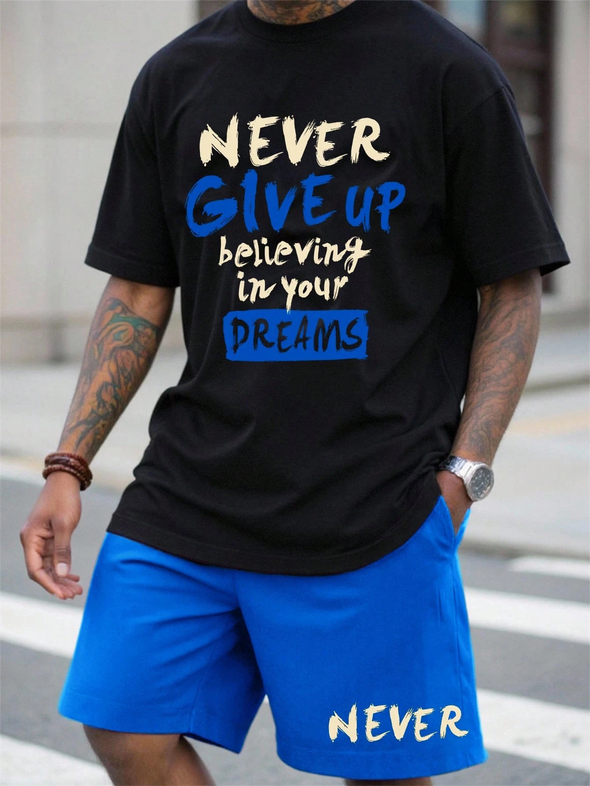 Sorvial Men's Letter Print Round Neck Short Sleeve T-Shirt And Casual Drawstring Waist Pocket Shorts Set