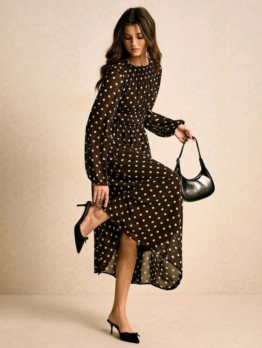 Poéselle Women's Polka Dot Print Round Neck Lantern Sleeve Ruched Long Dress, Brown Dress,Legant Dresses For Women,New Year Dress Women ,Casual Outfit For Women,Old Money Style, Suitable For Daily Wear, Going Out, Commuting,Fall/Winter