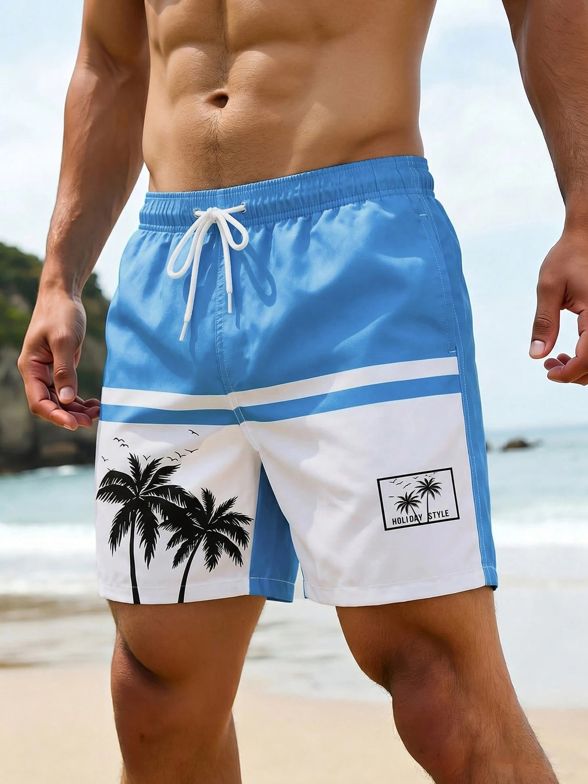VIVINTIMO Men's Elastic Waist Drawstring Casual Starfish Print Beach Shorts, Summer Holiday / Vacation / Beach / Hawaii / Tropical / Swim /  Bathing