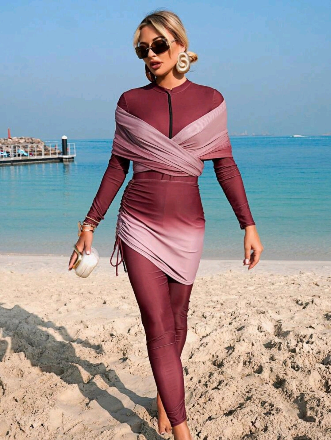 Swim Shayni Women's 4-Piece Set: One-Piece Solid Color Zipper Jumpsuit With Pants, Paired With Ombre Print Drawstring Skirt And Ombre Mesh Shawl, Burkini Swimwear Set For Beach Vacation